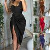 Spaghetti Strap Draped High Cut Bodycon Dress One Shoulder Side Split Satin Midi Dress Female Clothing