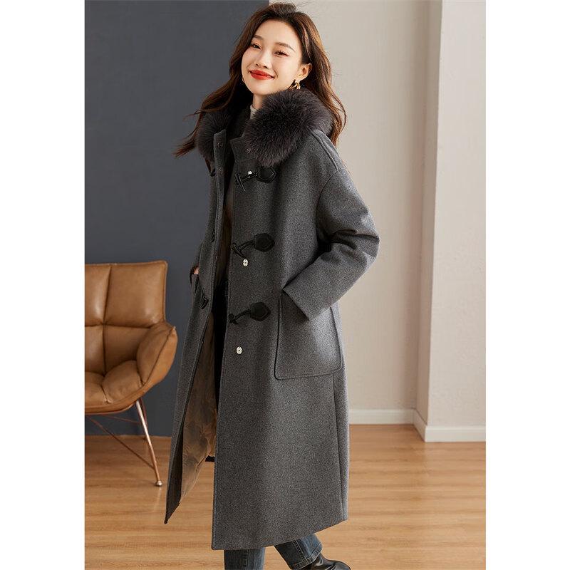 Shang Jing 2025 Winter Women's Faux Fur Lined Long Wool Blend Coat