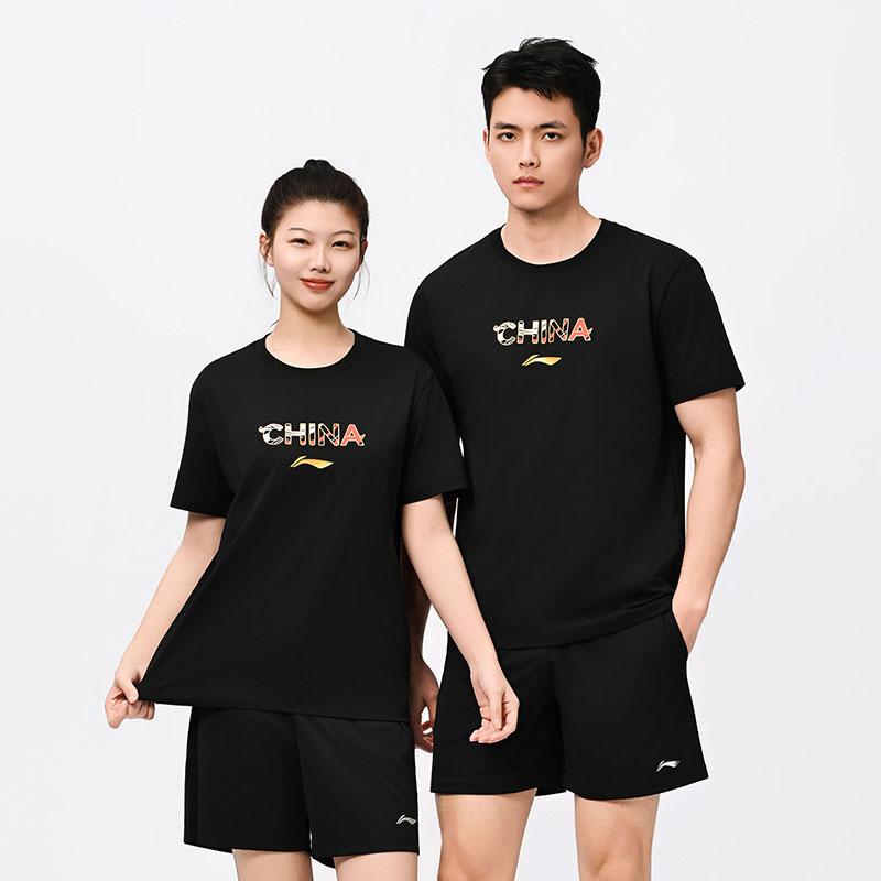 Li-Ning Quick-Dry Cool Sweat-Wicking Breathable Round Neck Creative Print Sports Casual T-Shirt Unisex Tops Black AHSW427-1