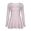 Pink Kawaii Pleated One Piece Dress Women Cute Sexy Long Sleeve Low Waist Slim Dresses Female Sweet Folds Ruffle Fashion Clothing 2024