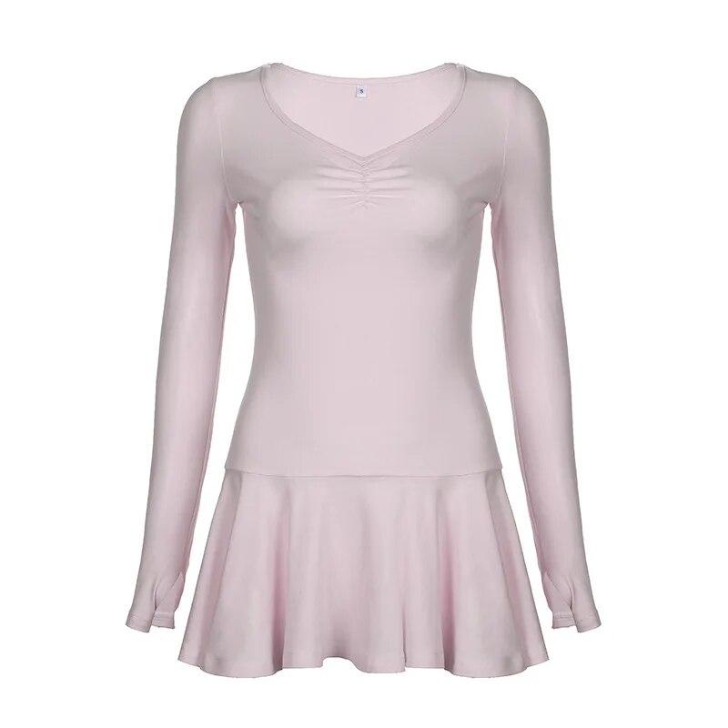 Pink Kawaii Pleated One Piece Dress Women Cute Sexy Long Sleeve Low Waist Slim Dresses Female Sweet Folds Ruffle Fashion Clothing 2024