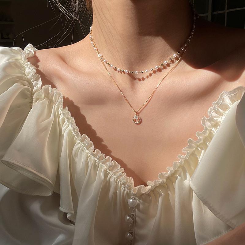 Double-layered Pearl Ring Pendant Necklace - Fashionable Accessory for Women, Collar Chain, Elegant Neck Chain