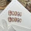 Handmade Press On Nail French Sparkling Cute Nude Cat Eye Hand-painted Checkered Stars Short Square Fake Nail Patch Artificial Nail Reusable