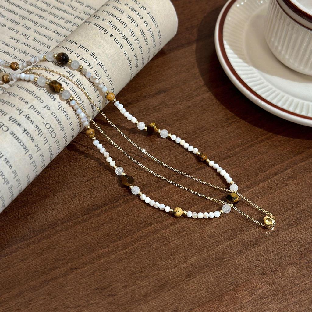Tiger Eye French Shell Double Layer Necklace - Elegant & Versatile for Sweaters