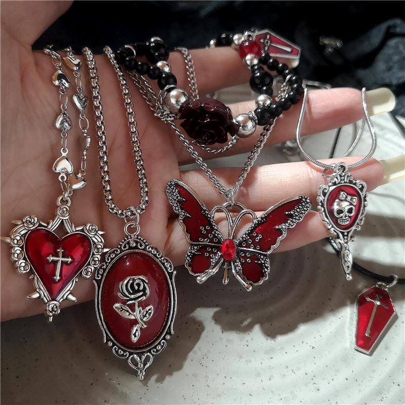 Gothic Red Cross Thorn Heart Butterfly Pendant Choker Black Bead Necklace Personalized Y2K Halloween Charms Grunge EMO Jewelry