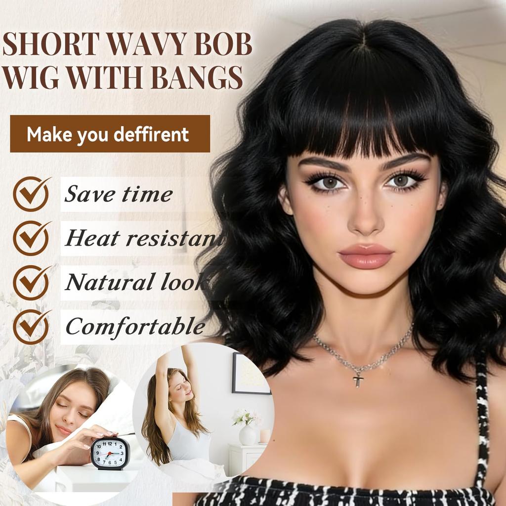 Short Wave Bob Wigs for Women with Bangs Medium Lenth Synthetic Natural Hair Wig for Daily Party Use