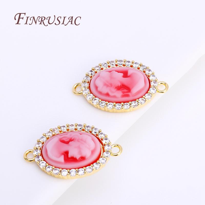 3 Colors Inlaid Zircon Oval Cameo Pendants For Necklace Making,18K Real Gold Plated Connector Charm For DIY Bracelet Material