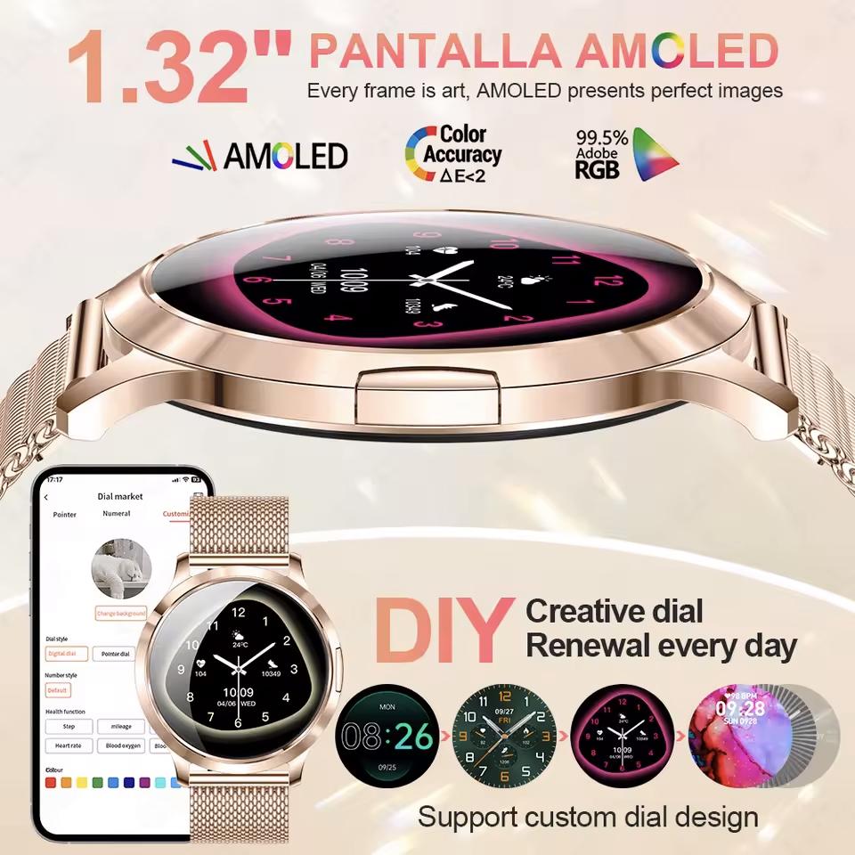 SACOSDING Women Fashion Smart Watch 1.32'' AMOLED Ultra-thin 3D Curved ScreenCustom Dial Bluetooth Call Waterproof Sport Ladiy Smart Watch