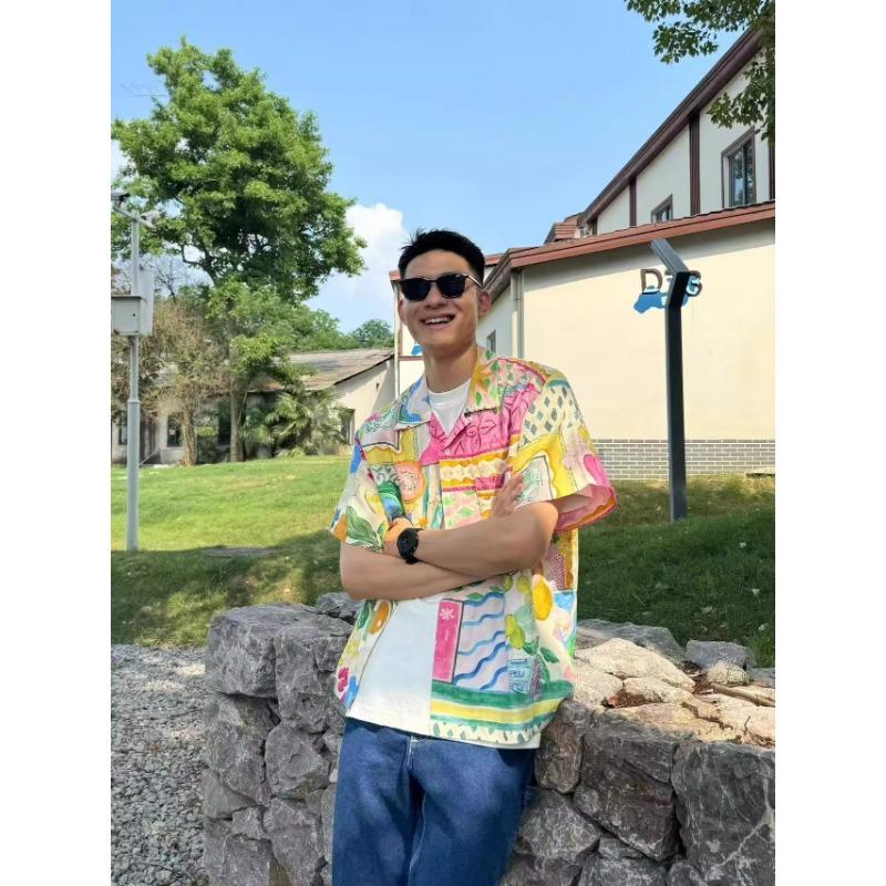 Men's Colorful Hand Drawn Fruit Print Cuban Collar Oversized Short Sleeve Shirt Casual Streetwear Top