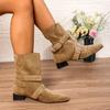 Fashion Suede Short-thigh Boots Autumn New Women's Fashion Round Toe Metal Buckle Cover Foot Non-slip Wear-resistant Block Heel Boots