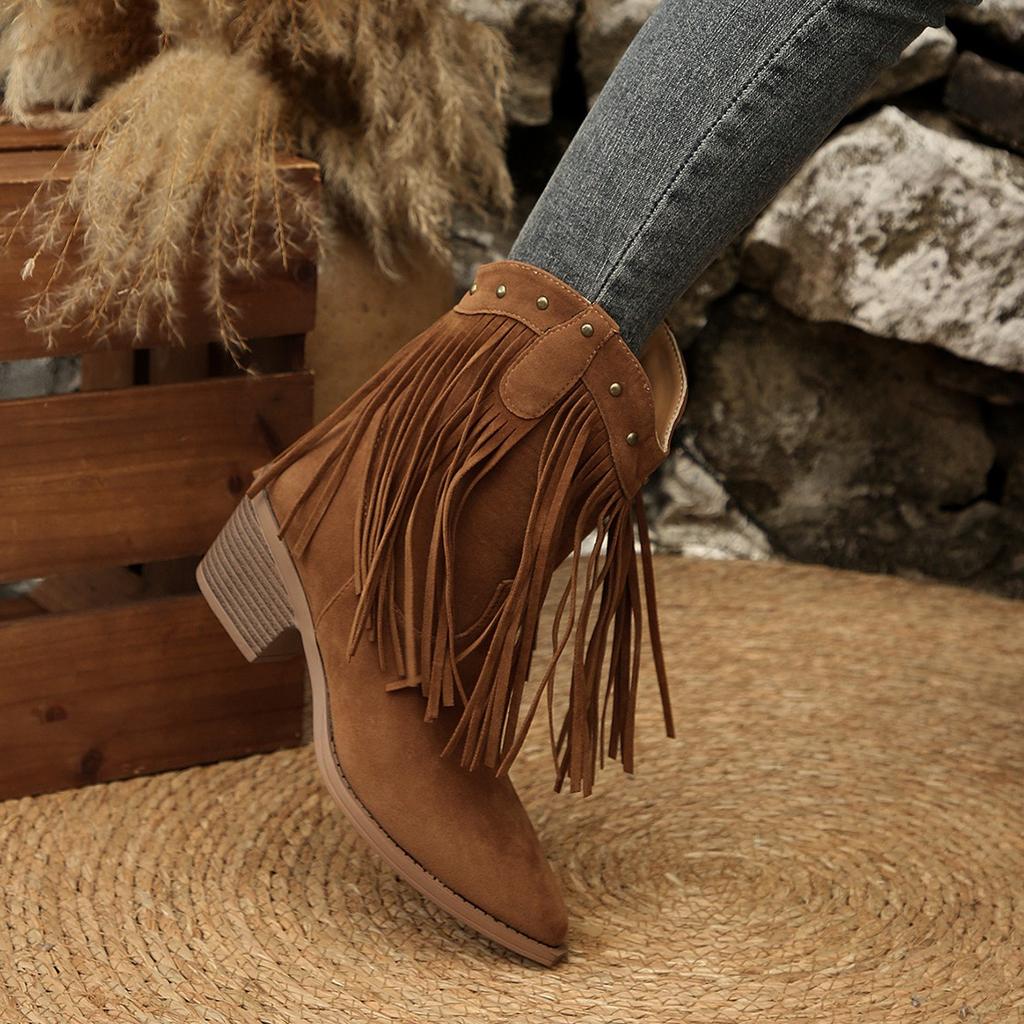 New Style Luxury Women's Tassel Suede Slip On Western Cowboy Boot Women Autumn Sexy Pointed Toe Medium Heel Riding Boots