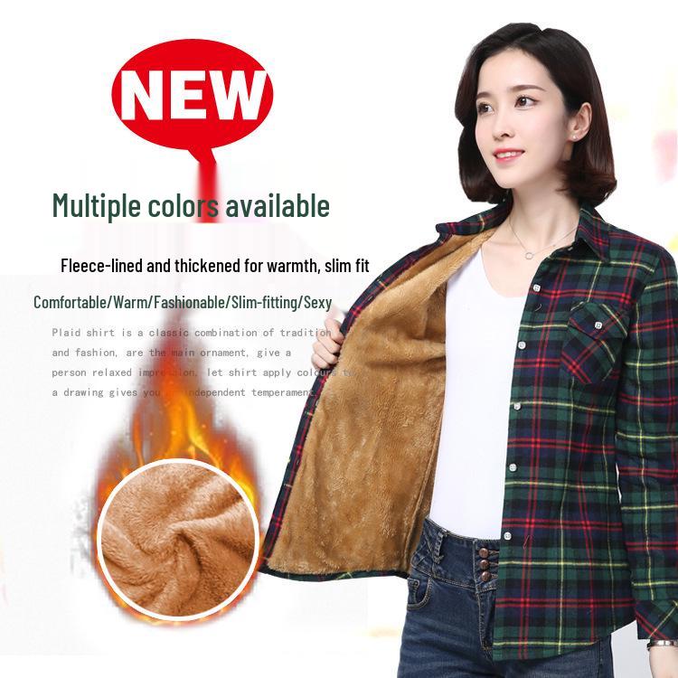 Women's 2025 Winter Slim Fit Cotton Plaid Shirt - Long Sleeve, Fleece Lined, Thick, Versatile, Plus Size