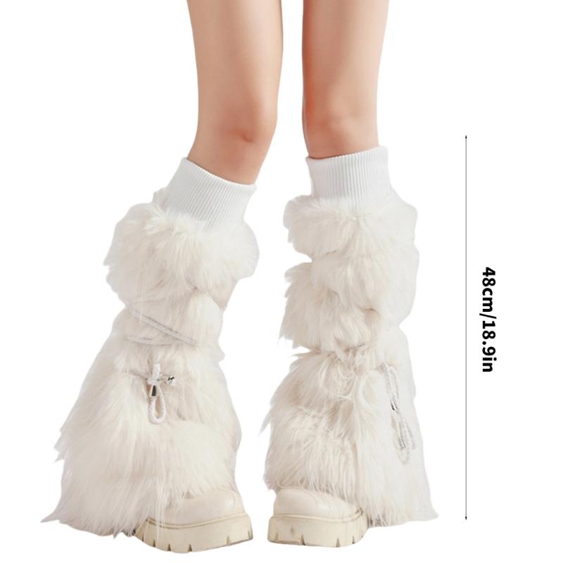 Women Harajuku Ribbed Cuffs Plush Leg Warmers with Ties Bandage Furry Boot Covers Flared Leg Sleeves Footless Socks