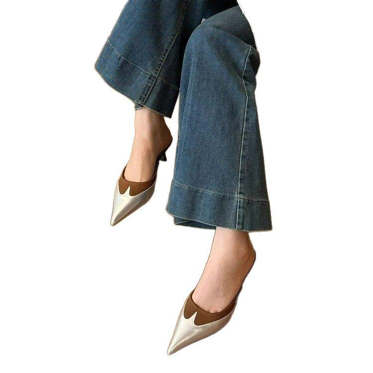 French temperament celebrity silver pointed 2025 foreign trade new stiletto heels light mouth color matching slippers bag head slippers