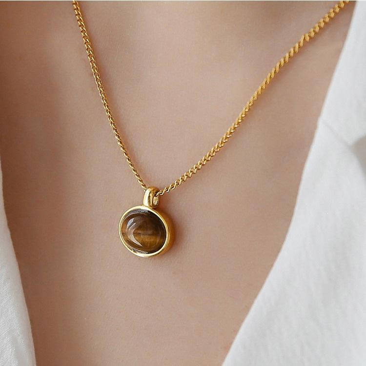 Elegant 18K Gold Plated Tiger s Eye Pendant Necklace with S925 Sterling Silver for Women 18K Gold
