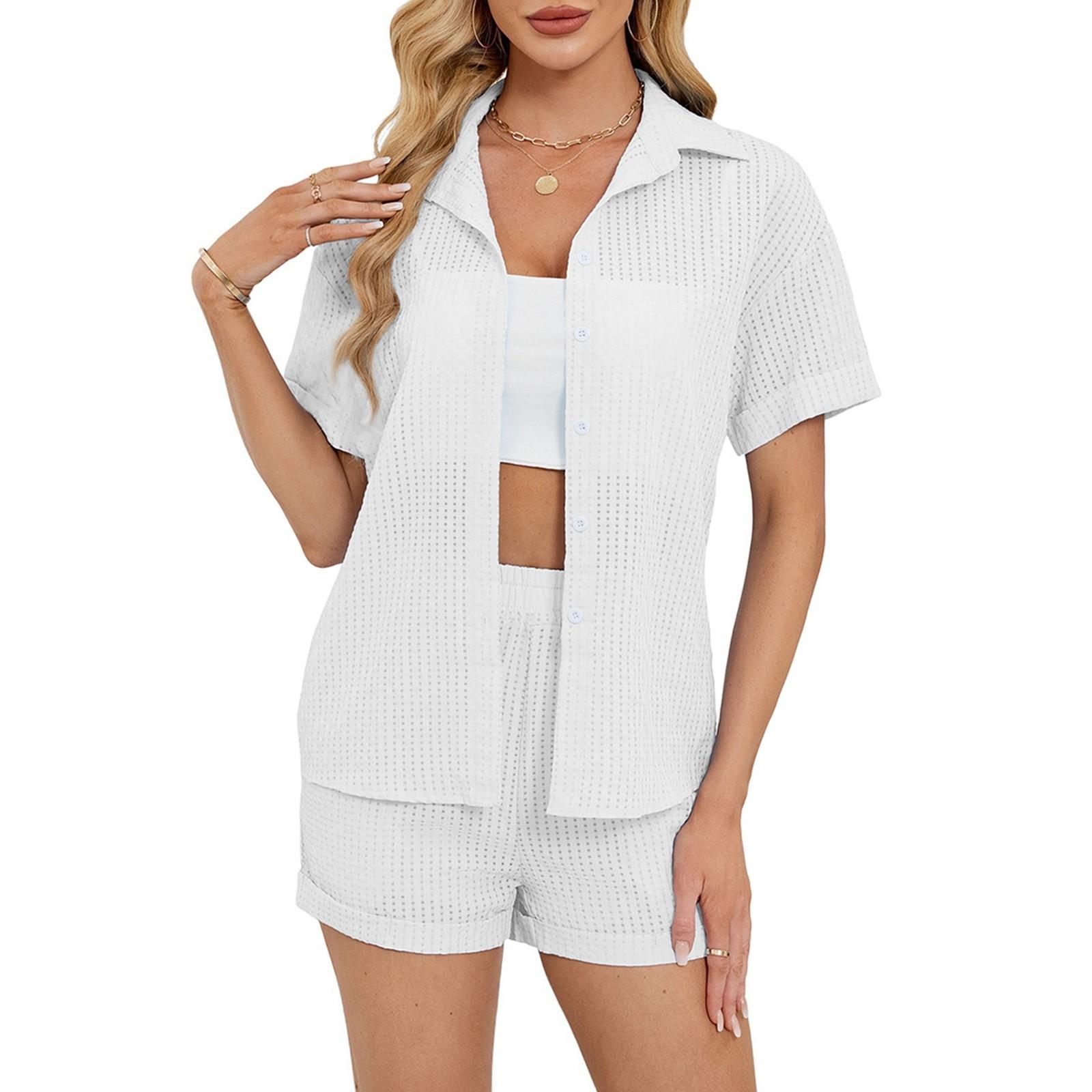 

Женская повседневная однотонная рубашка с короткими рукавами, топы, шорты, домашняя одежда, комплект из двух предметов L белый