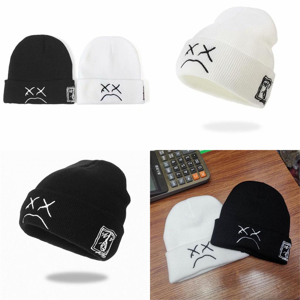 Embroidered Knit Hat With Sad Face Expression For Winter Men Women