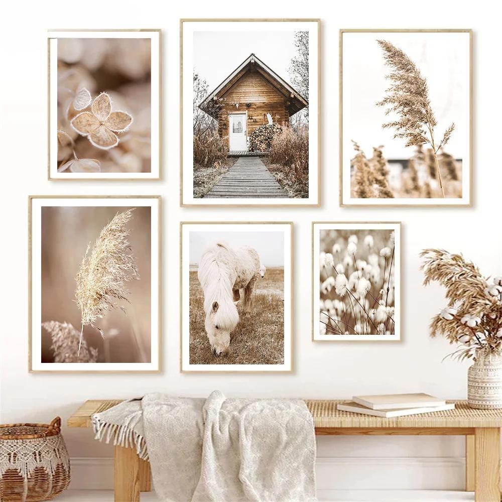 Beige Gras Blume Reed Leinwand Malerei Herbst Landschaft Eichhörnchen Schafe Wand Kunst Drucke Nordic Poster Bild Wohnzimmer Dekor