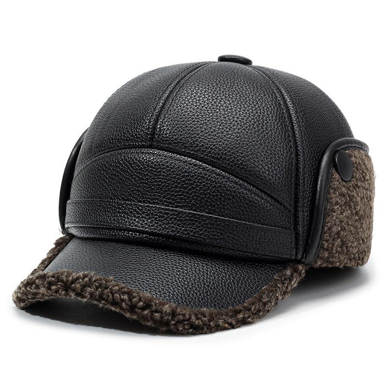 

Зимой пожилая кожаная шапка с узором личи для мужчин, теплая мужская защитная шапка для ушей Lei Feng, флисовая ветрозащитная бейсболка для отца one size fits all темно-коричневого