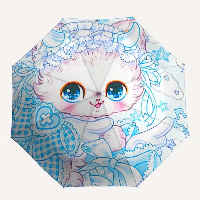 1pc Blue Cute Cat Pattern Automatic 3-Fold Umbrella, 8 Iron Frames, High-Value Folding Umbrella, Suitable for Office, Travel and Outdoor Adv