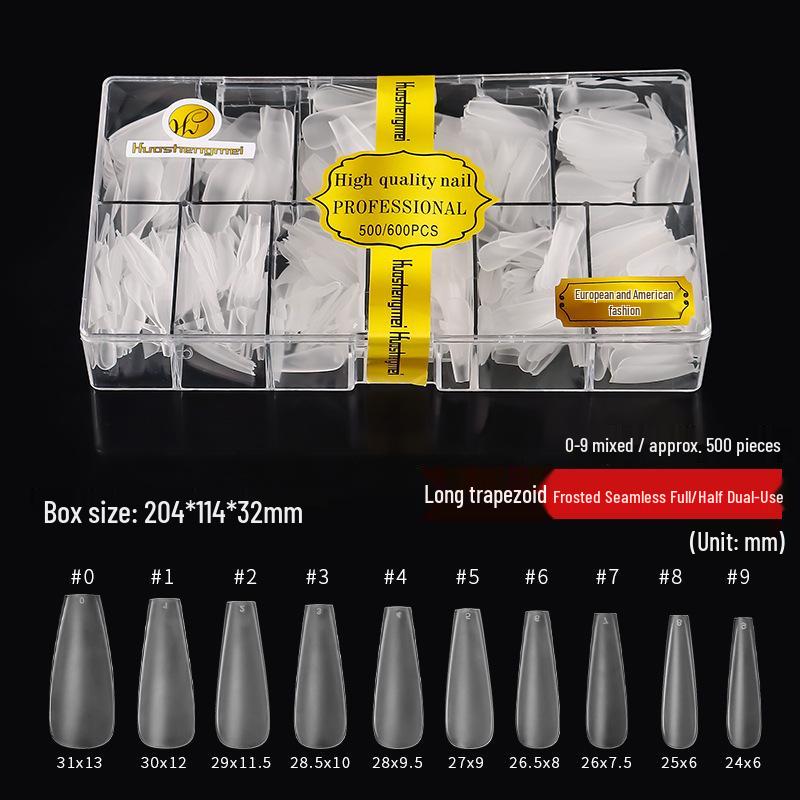 European & American Frosted Long Trapezoid Seamless Abrasive Nail Tips - Full & Single Numbers for Nail Salons