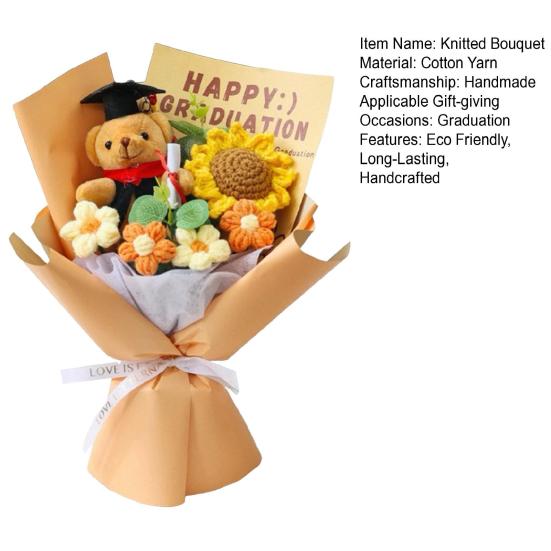 Buchet de Flori Croșetate pentru Absolvire Flori Croșetate Handmade Buchet de Floarea Soarelui cu Păpușă Drăguță Cadou de Absolvire pentru Băieți Fete