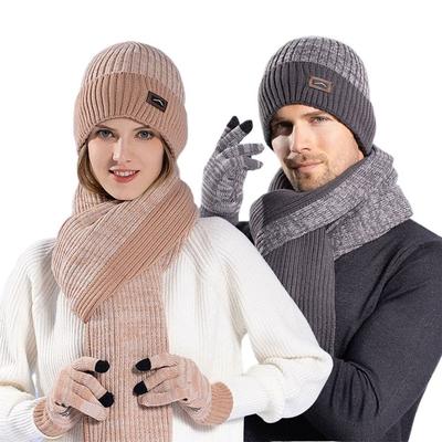 3Pcs/set Knitted Beanie Hat Scarf Warm Ear Protection Cap Winter Touch Screen Gloves  for Men Women