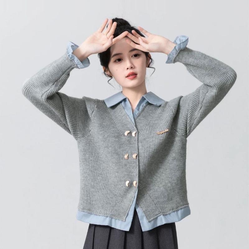 Fake Two-piece POLO Collar Sweater Women Spring Autumn New College Style Patchwork Knitted Cardigan Jacket Short Top