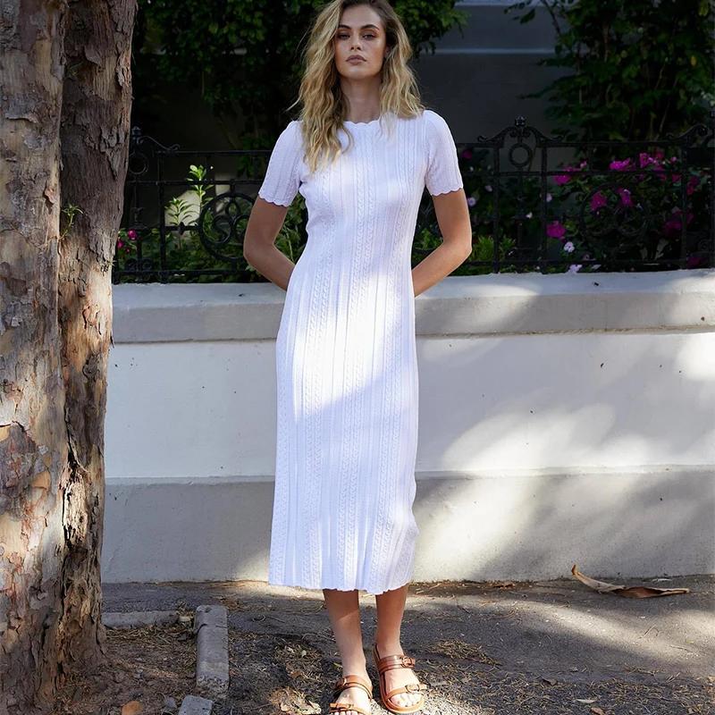 Elegante Faden Strick Solide Kleid Frauen Schlank O-Ausschnitt Kurzarm Hüfte Paket Weibliche Lange Kleider Sommer Dame Chic Robe