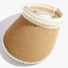 Summer Empty Top Suncap Wide Brim Pearls Women Sun Hat Leisure Straw Cap UV Protection Sun Visor Hat Beach Cap Khaki Black White