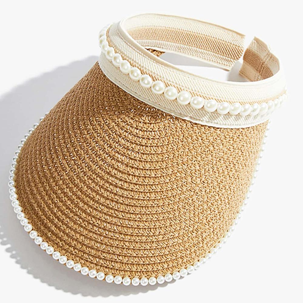 Summer Empty Top Suncap Wide Brim Pearls Women Sun Hat Leisure Straw Cap UV Protection Sun Visor Hat Beach Cap Khaki Black White