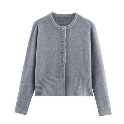 Womens Loose Fit Round Neck Long Sleeve Knit Cardigan With Ball Buttons Casual Chic Sweater Outerwear