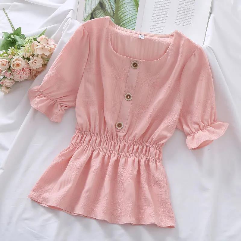 Summer Blouse Tunic Pleated Shirt All-match Solid Color Casual Blouse for Women