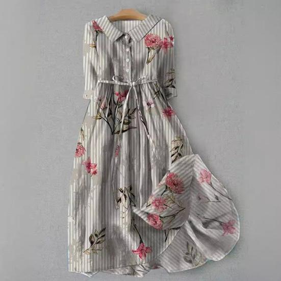 Three Quarter Sleeves A-line Digital Floral Print Bohemian Style Pleated Lace-up Strap Half Single-breasted Shirt Type Midi Dress