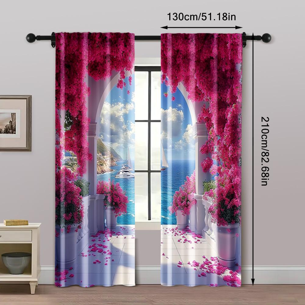 2pc,  Curtain depicts a waterfront arch surrounded by flowers Versatile Polyester,Without Electricity Birthday Party Suitable