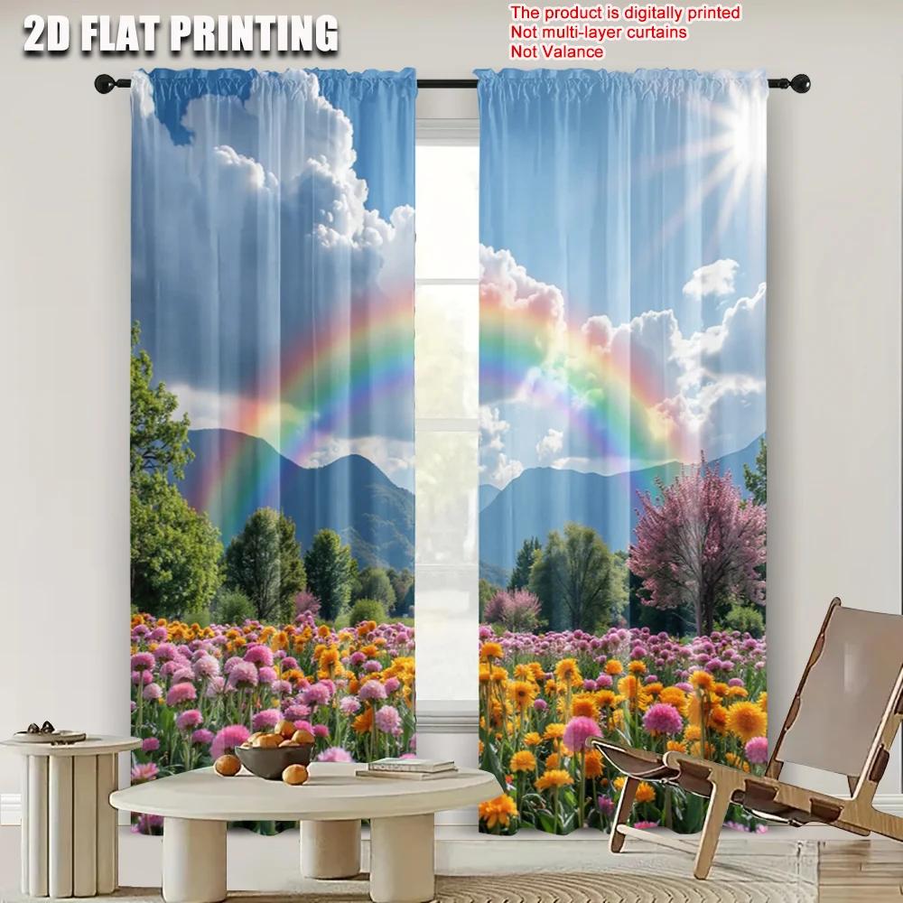 2pcs   2D flat printing Scene Curtain flower field Versatile Fabric  Without Electricity Festive Holiday for Window art_Party