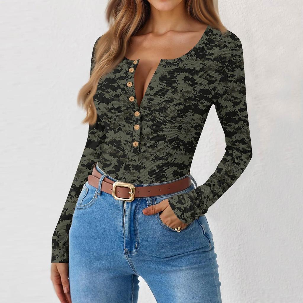 Damen Slim Bottom T-Shirt Mode Lässig Farbverlauf Druck Rundhals Pullover Langarm Top