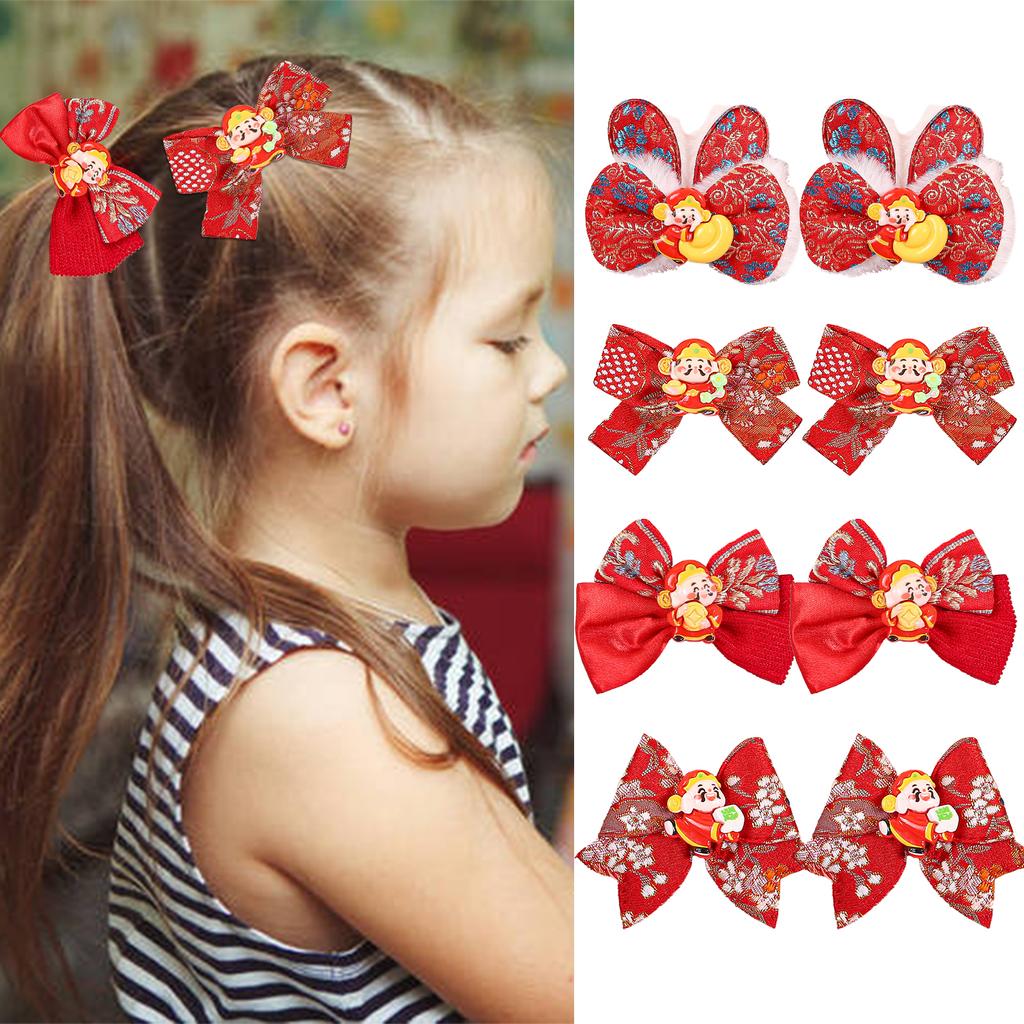 2pcs Chinese New Year Hair Bows Hair Clips Children Kids Hair Clips Barrettes Girls New Year Party Hair Accessories Headwear