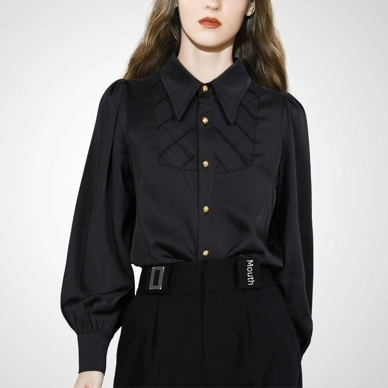 

Fashion Plaid Stitching Long Sleeves Autumn Beautiful Shirt Black 2XL