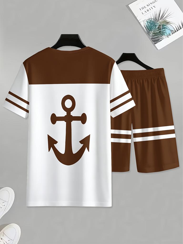 Men'S Street Style 3D Print Short-Sleeve T-Shirt And Shorts Set - Featuring a Trendy Anchor Stripe Print Design, Comfortable Round Neck