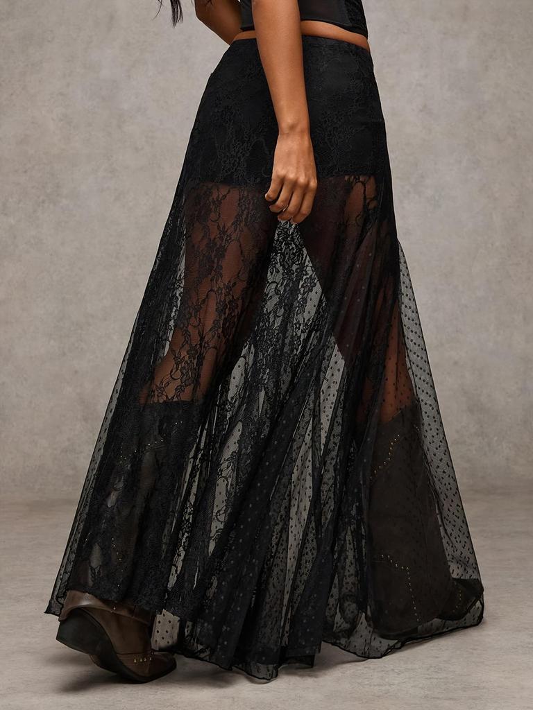 Großgröße Spitze Durchsichtig Patchwork Langer Rock - Sexy Europäisch Amerikanischer Stil Netzsaum
