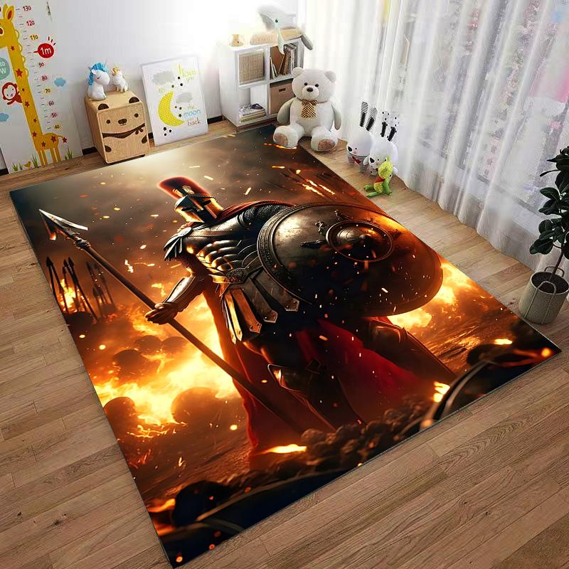 Warrior Rug with Gladiator Design and Flames Suitable for use as an anti-slip game mat for living room and bedroom sofas