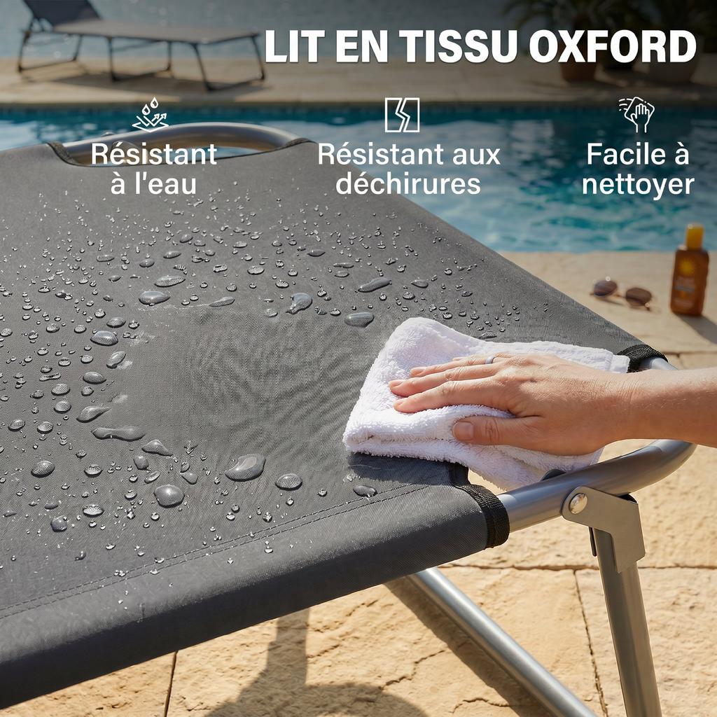 Folding Sun Lounger, Chaise Lounge, Multi-Position Backrest, Sunshade, 187 x 58 x 36 cm, Grey