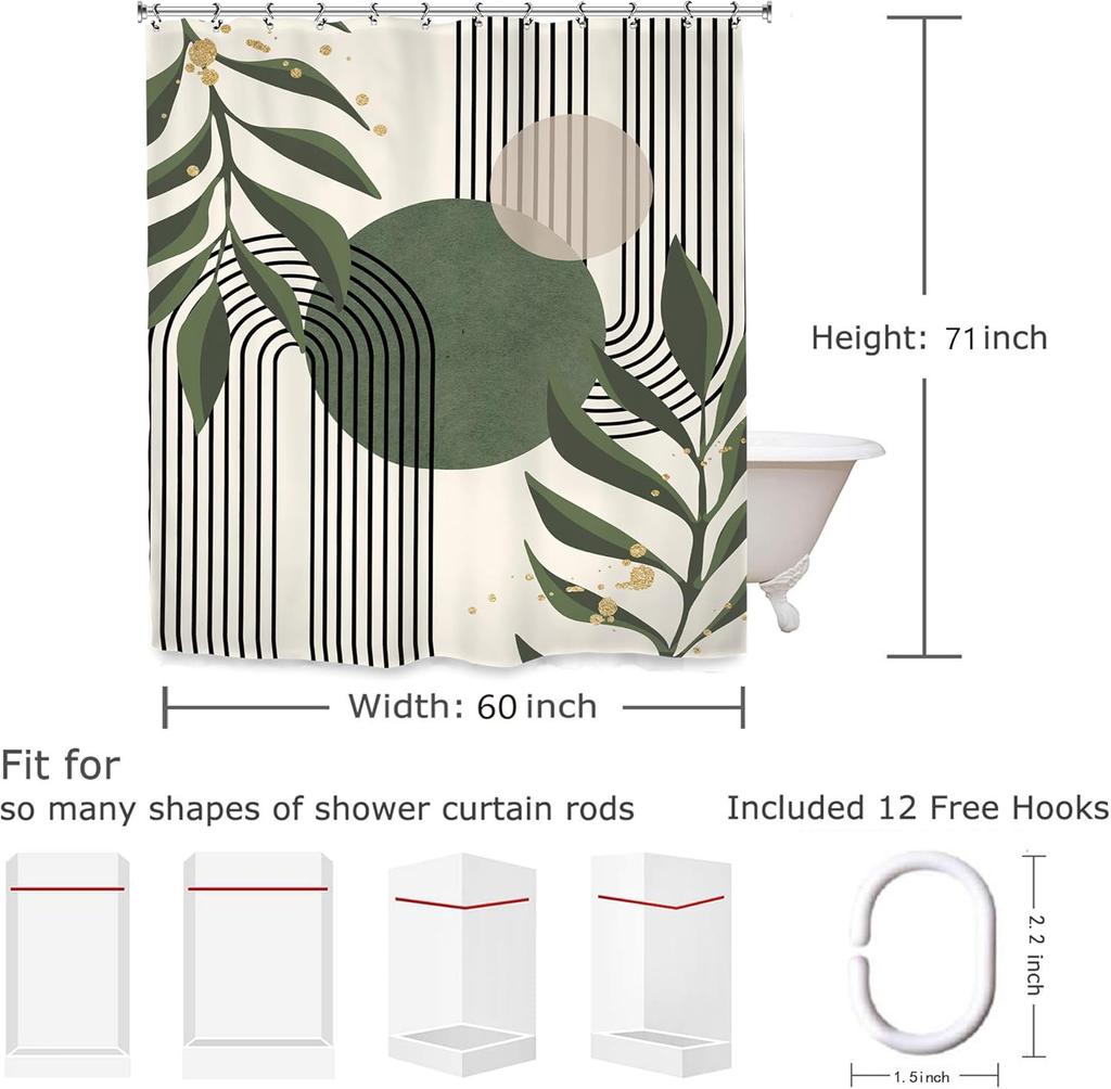 Sage Green Abstract Shower Curtain, Modern Mid Century Minimalist Leaves Plant Decor
