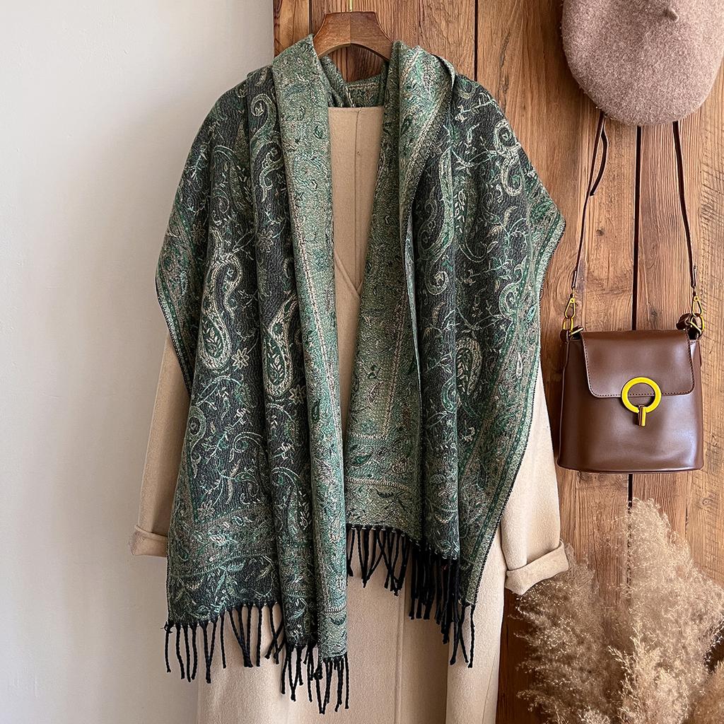 Fashion Winter Cashmere Shawl For Women - Tasseled Vintage Floral Printed Oil Painting Style Pashmina Thick Scarf & Poncho
