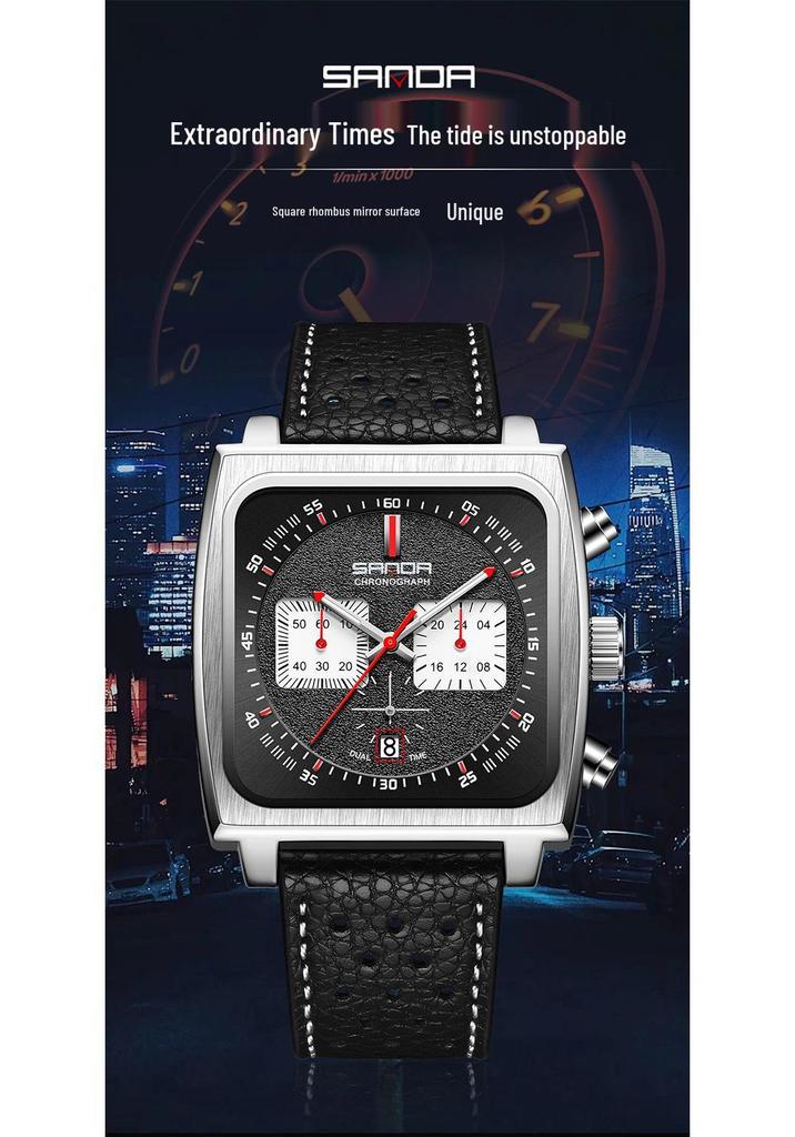 Sanda Men's Chronograph Quartz Watch: Square Dial, Three Eyes, Six Hands, Luminous, Calendar, Waterproof.