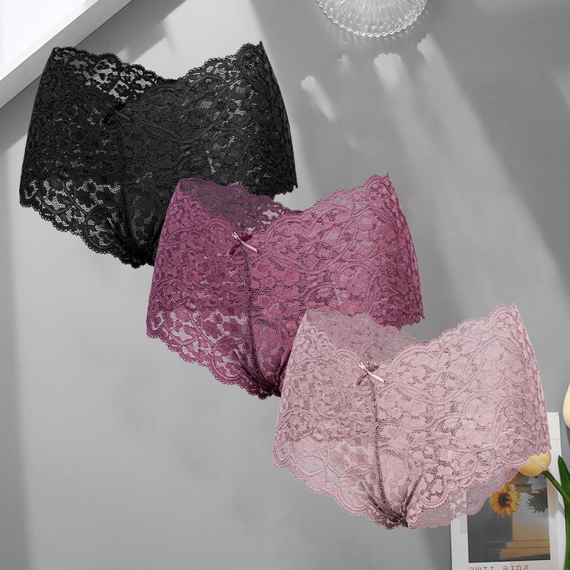 3Pcs/Set Sexy Lace Bowknot Boxer Shorts For Women Seamless Hollow Out Perspective Boyshort Female Sport Breathable Lingerie S-XL