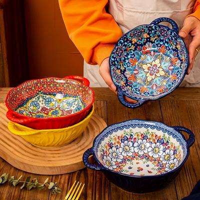 Bohemian Style Ceramic Soup Bowl with Handle Microwave Safe Embossed Design Great for Serving Soups Salads Ramen Noodles
