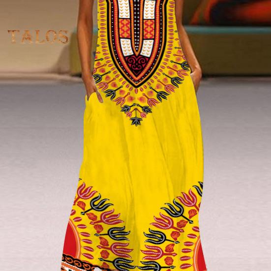 Vestido longo de verão com ombros de fora, sem mangas, linha A, retrô, colorido, estilo étnico, estampado, decote em V, bolsos laterais, comprimento total, vestido longo