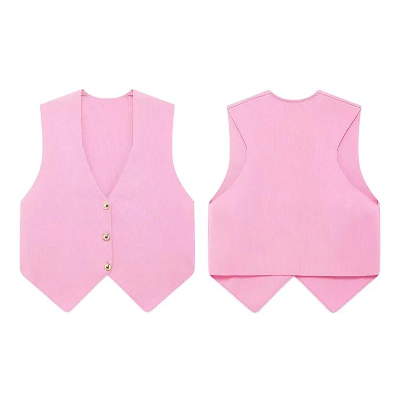 Повседневный трикотажный однобортный жилет женский однотонный V-образный вырез — фото 2